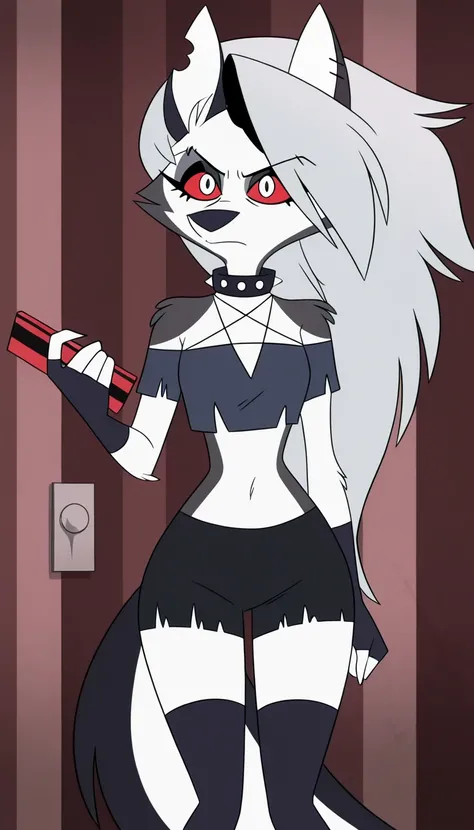 anime screencap, absurdres, high quality, official style, 1girl, solo, loona \(helluva boss\), loona, long hair, red eyes, animal ears, collarbone, tail, grey hair, wolf ears, claws, wolf tail, furry, colored sclera, furry female, wolf girl, body fur, whit...