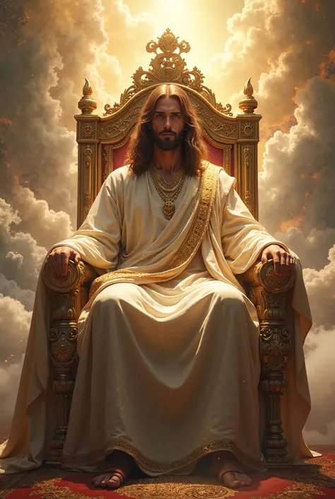 Generate a realistic image of jesus sitted on throne in heaven looking to the camera with a serious face