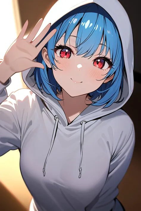 1 girl, masterpiece,  high resolution, accurate,  high detail, from above, looking at viewer,
"A blue-haired, short-haired high school girl with striking red eyes wearing a cozy hoodie with the hood up, posing for a gravure photoshoot. She stands with her ...