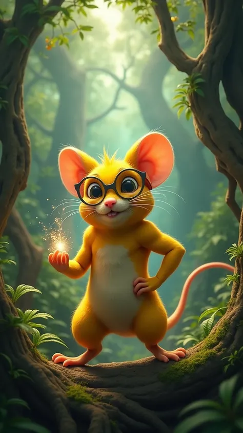 Inside the forest a geeky yellow rat wearing glasses turns into a superhero 