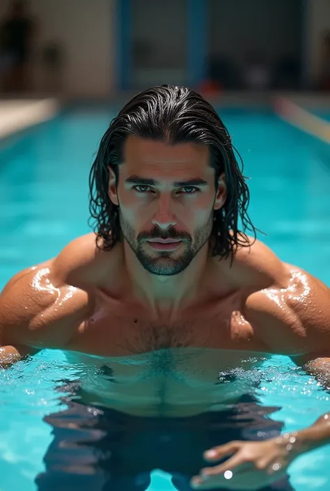 adult handsome muscule swimmer man in the pool. the pool with wather in backround. Spanish taned man, long black white hair. 
masterpiece, best quality, high resolution, close-up portrait, male focus, solo focus, muscular, strong, bodybuilder, bodybuilder,...