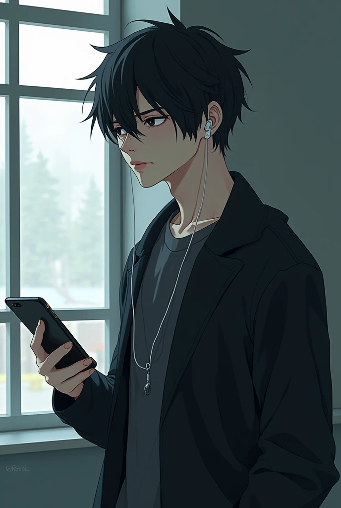  Illustration,  black hair, white white skin, Handsome male face in his 20s, Expressionless, At the school window,  inside the school, With earphones on, holding a cell phone, black eyes,  Cool Look 