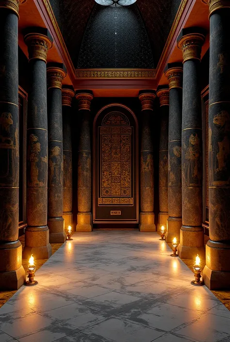  A room of an Egyptian demigod , resembles an intimate temple ,  with columns carved from black basalt ,  adorned with golden hieroglyphics that tell stories of the underworld and feline protection. The ceiling is vaulted ,  painted as a starry night sky ,...