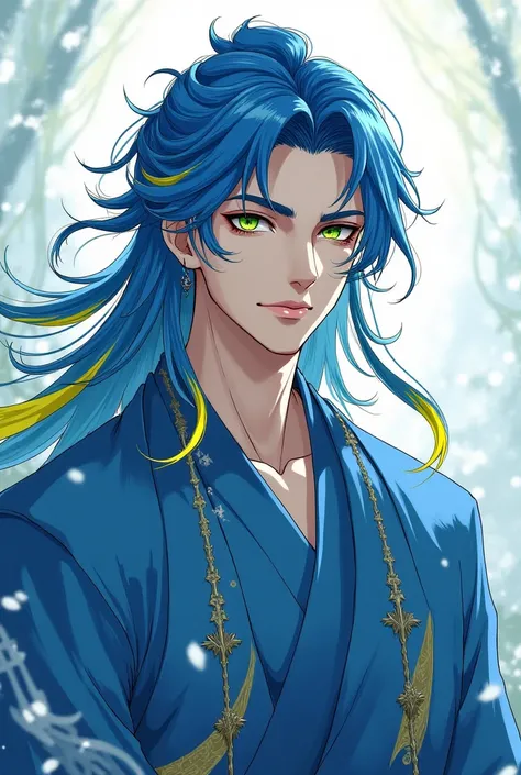 A mature-looking man with long blue hair, yellow and white highlights and green eyes. , wearing a blue kimono with gold accents . manhwa 
