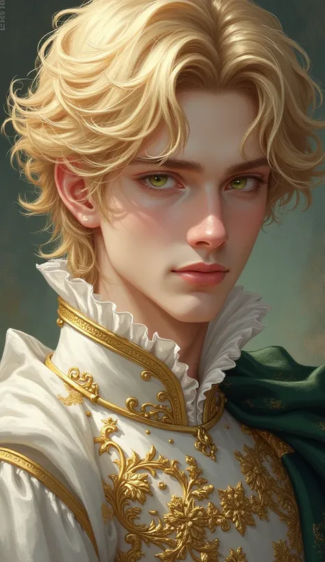 Handsome man with blonde hair. Green eyes. wearing a luxury royal cloth. Prince, kingdom, 1boy, High Resolution, Masterpiece, Accurate, Anatomically Correct, Best Quality, Detail, High Details, Quality, Super Detailed, Textured Skin.