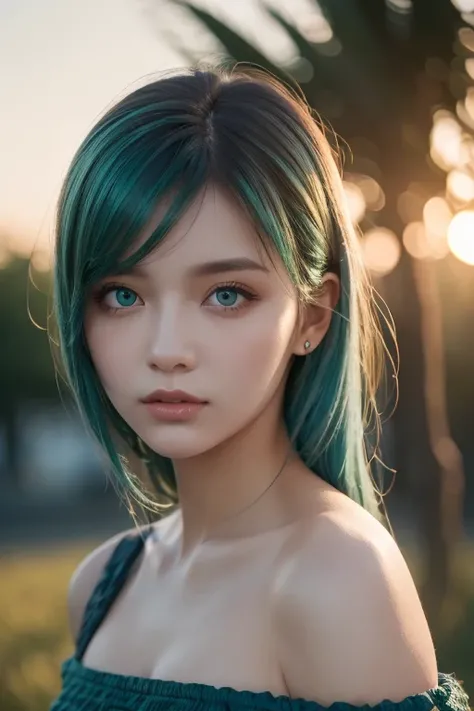  best quality , Masterpiece,  super high resolution, ( realism: 1.4),   Original Pictures ,  1 girl,  green eyes,  off shoulder,  Cinematic Lighting,   blue hair , At sunset