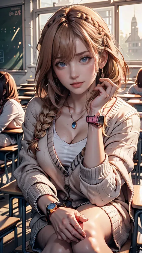 (((Anime))), ((anime)), ( gal),   medium hair , ( hair with braids:1.3), (blunt bangs:1.2), two-tone hair,   blonde hair, ( pink hair), Round face,  Red Eyes, ( droopy eyes ), (((Tears))), pink lips, piercing above spo, necklace,[ dark skin],   light smile...