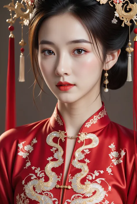 (8k, RAW Photo, Best Quality, Masterpiece: 1.2), (Realistic, Realistic: 1.37), 1 Girl, Woman in Red Dress and Headdress Posing for Photo, Gorgeous Role Play, Beautiful Costume, Chinese Dress, Complex Dress, Complex Costume, Traditional Beauty, Gorgeous Chi...