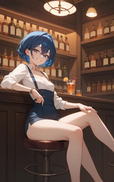 female, dark Blue  hair, cross bangs, short  hair, bar, Smile, sitting, Small Breasts, anime, 