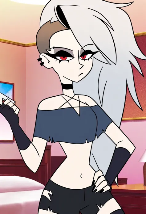 anime screencap, absurdres, high quality, official style, human loona \(helluva boss\), loona, long hair, grey hair, undercut, white sclera, red eyes, makeup, eyeshadow, black lips, piercing, ear piercing, black choker, bare shoulders, off shoulder, crop t...