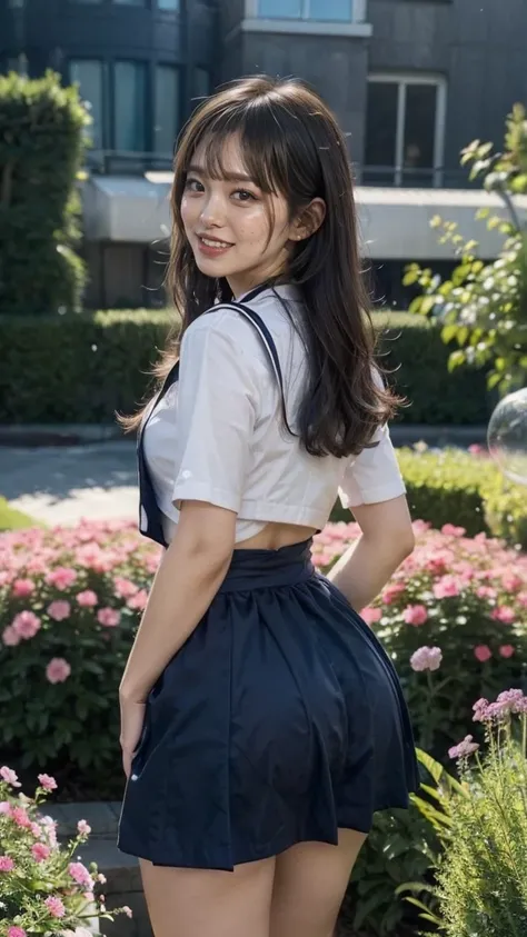 ((grin, perfect beautiful teeth:1.3)), 
BREAK
girl from behind,
((huge round ass, bubble butt, very small waist:1.5)),
((school uniform,  sailor suit in the flower bed, student, navy very short skirt)),((standing, full body, cowboy shot)), ((cleavage, larg...