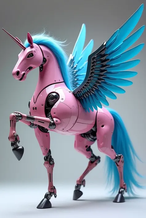 
A mechanical pegasus droid. Crystal pink mechanical head. Crystal pink mechanical body. Crystal pink mechanical legs. Blue mechanical mane and tail. Pink mechanical hooves. Blue mechanical wings.