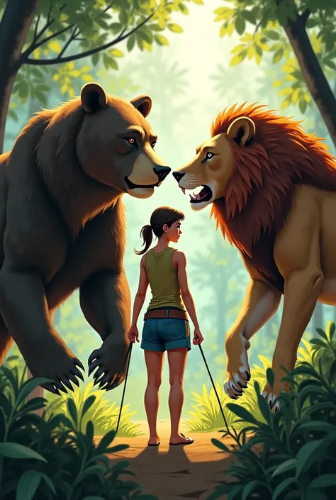 While Leola was cutting grass in the village forest, a bear and a lion jumped on her.