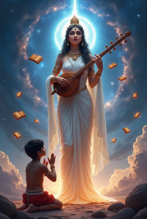 "Create a highly detailed and realistic digital artwork of Goddess Saraswati in a cosmic setting. She is depicted wearing a flowing white sari, radiating divine energy, and gracefully holding a veena. In front of her, a young Indian boy kneels with folded ...