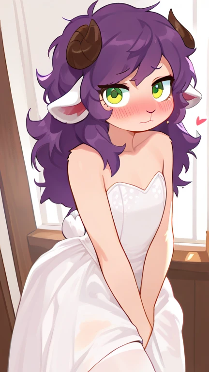  masterpiece,  of the best quality,  1femboy,  anthro, wool, wool, fluffy wool, sheep horns, видно sheep horns, lamb ears ,  Anthropomorphic guy, sheep horns , white skin,   light skin  ,   purple hair ,   green eyes  ,   long hair,   disheveled hair , fla...