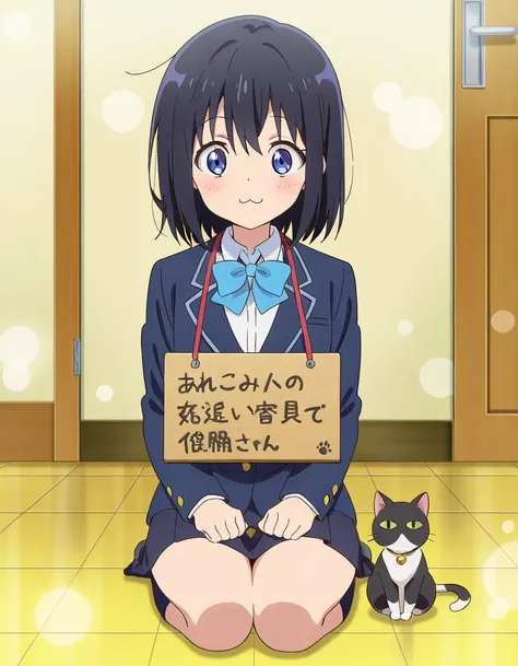 1girl, school uniform, ._., :3, cat, seiza, hands on lap, sign_around_neck, pet_shaming, floor, anime_screencap, bokeh, masterpiece, best quality, perfect anatomy, very aesthetic, amazing quality, high resolution, ultra-detailed, absurdres, newest, depth o...