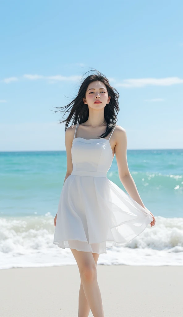  A woman,  be on the beach, use a knee-length one-piece dress in white