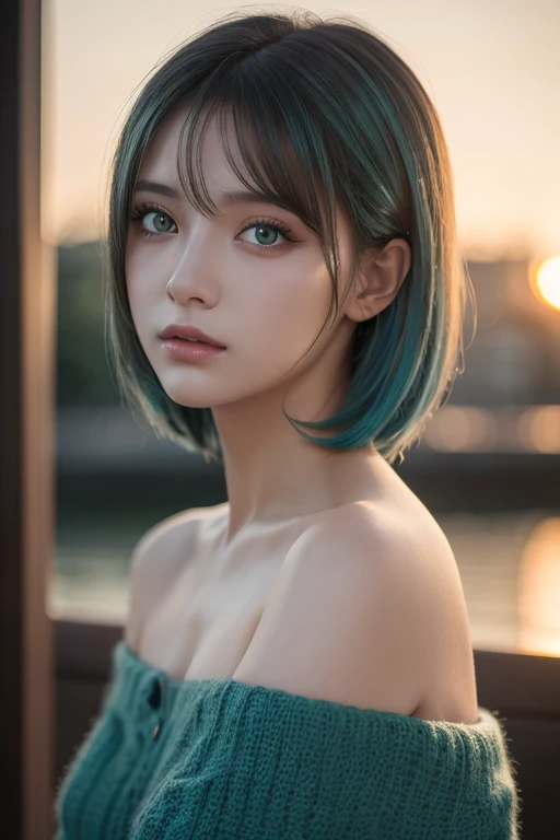  best quality , Masterpiece,  super high resolution, ( realism: 1.4),   Original Pictures ,  1 girl,  green eyes,  off shoulder,  Cinematic Lighting,   blue hair , At sunset