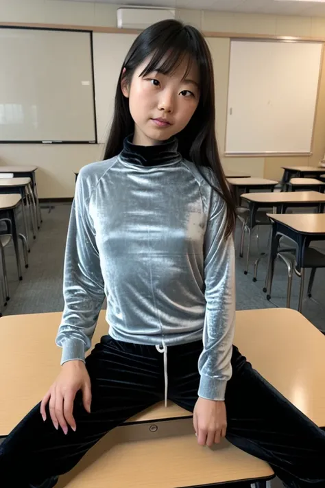 Flat cheast, Very small girls in Japan.  is sitting on a desk with her legs spread apart and Ren Girl's genitalia exposed through a very small hole in an elementary school classroom. Grey Velvet Turtleneck Long Sleeves,  velvet long jogger pants, velvet bo...