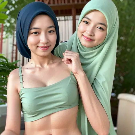 (iu:0.8).cleavage, RAW, Best quality, high resolution, Masterpiece: 1.3, two Beautiful glasses hijabi java girls wearing croptop and boyshort, Masterpiece, Soft smile