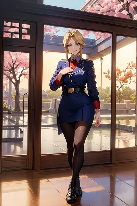  woman saluting , blonde, long hair fat ,Very red lips,Big Ass, thin waist, long legs, with green eyes 8k ((  with a grinning smile, face we are looking for ,  at Shy)), ,8k((  anime style,  good at depicting faces ,  anime style緑色の眼,  good at depicting fa...