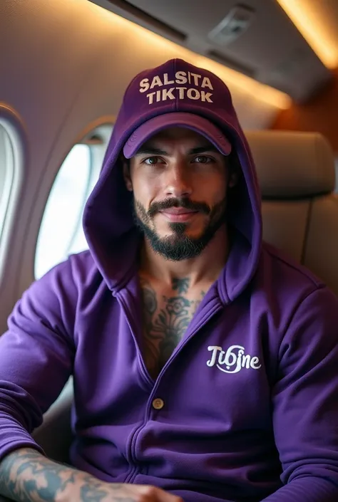  Latin man ,       Handsome with light brown eyes      , beard,       Athletic physique      ,       tattooed arms.  Riding on an HIV presidential plane with latest-model luxury seats with a hood and purple cap,  The hat is a purple men's shirt and has “SA...