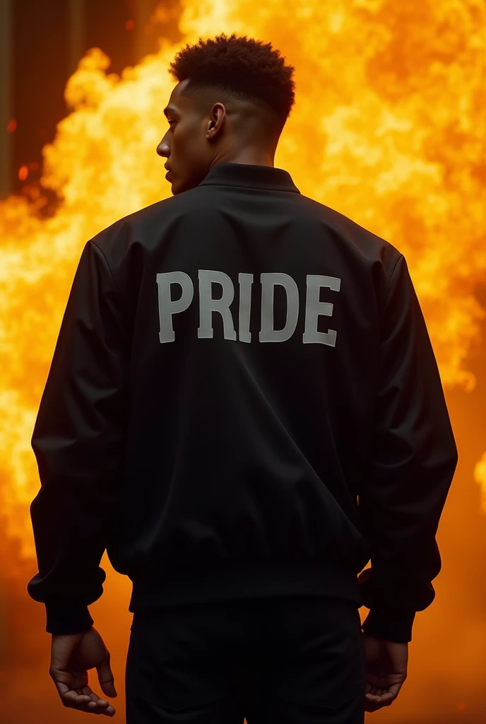 Logo of the jacket has pride written in gray,  black jacket ,  backwards, with a fire-like background with 90% gold% excited 
