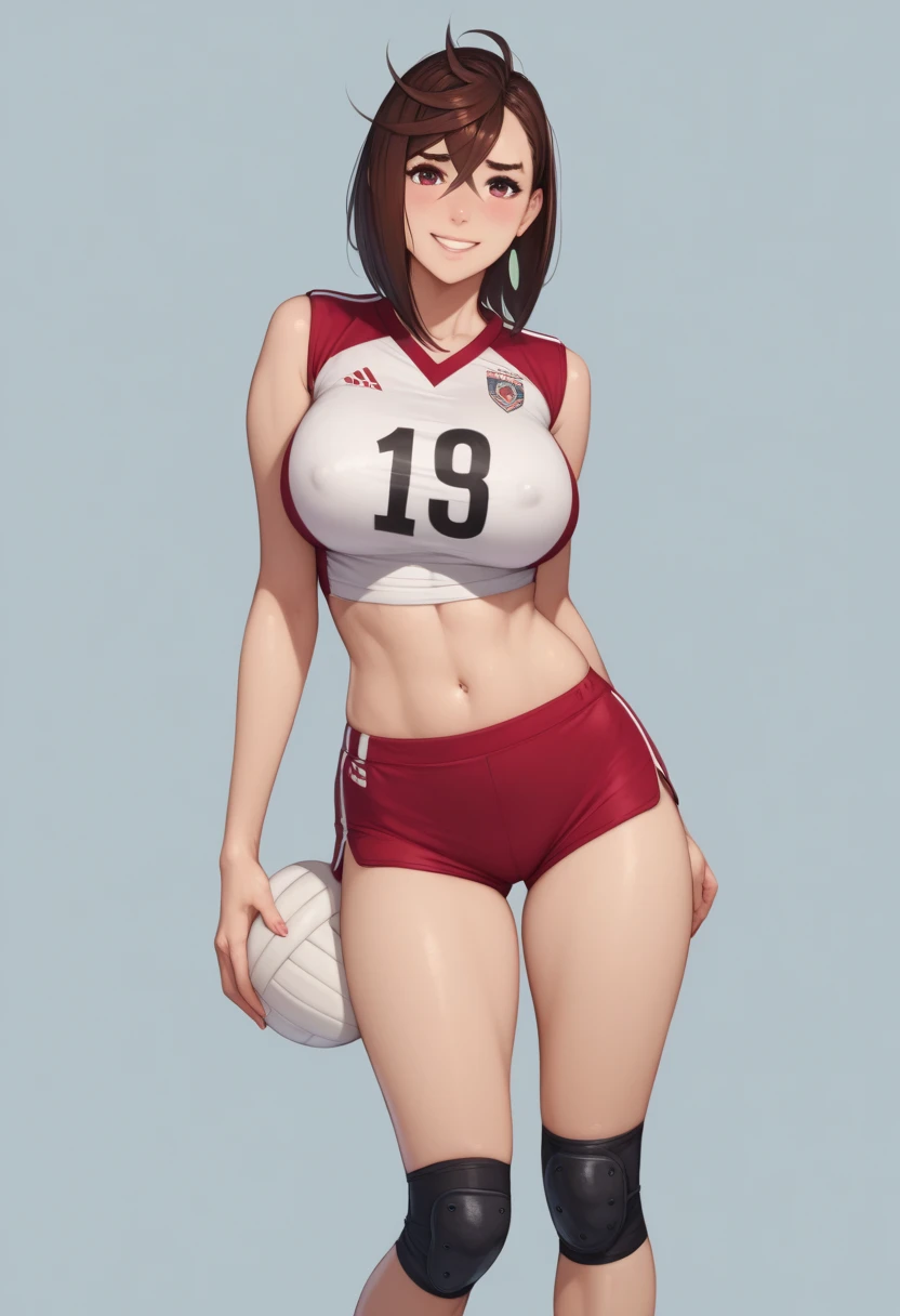 Ayase Momo is sending a volleyball uniform , regatta, neckline, shorts, knee pad, Sock,  shy smile ,  short brown hair ,  big breasts ,  perfect body ,  that perfectly highlight complex anatomical features.  The SFX symbol complements the visual art , Enga...