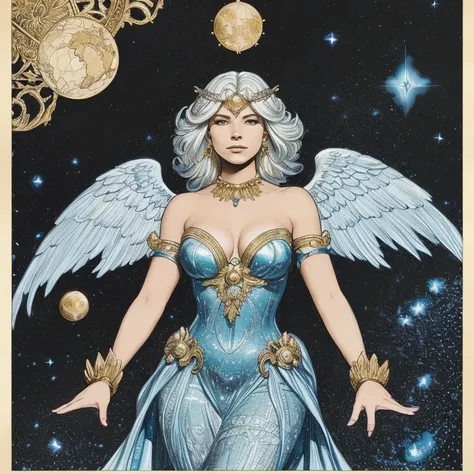 An ultra-realistic, full-body portrait of a captivating celestial cartographer woman, radiating divine knowledge and exploratory zeal with a luminous and adventurous palette. She poses thoughtfully, her form exuding both otherworldly wisdom and a deep pass...