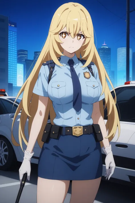 masterpiece,best quality,{{detailed beautiful face and eyes}}, very detailed background,
Misaki Shokuhou,{{{megami magazine}}},long hair,blonde hair,hair between eyes,yellow eyes,symbol-shaped pupils,white pupils,large breasts,white gloves,
blue police off...