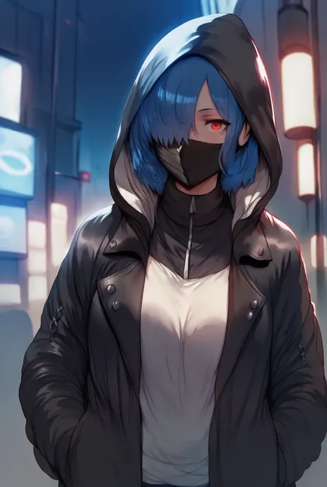 Hews style, 1girl, solo, blue hair, hair over eye, red eyes, hood, black leather jacket, hooded long jacket, face_mask, black mask, night city, cowboy shot