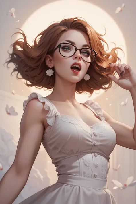 A very beautiful woman telling a horror story with glasses and with very fearful tension in the air 