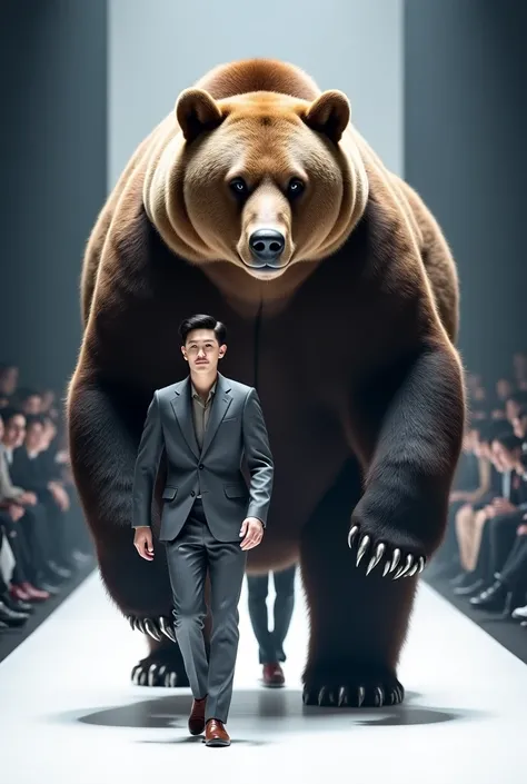 A Korean man dressed in a full suit walks on the Fashion Show Catwalk alongside an enormous bear