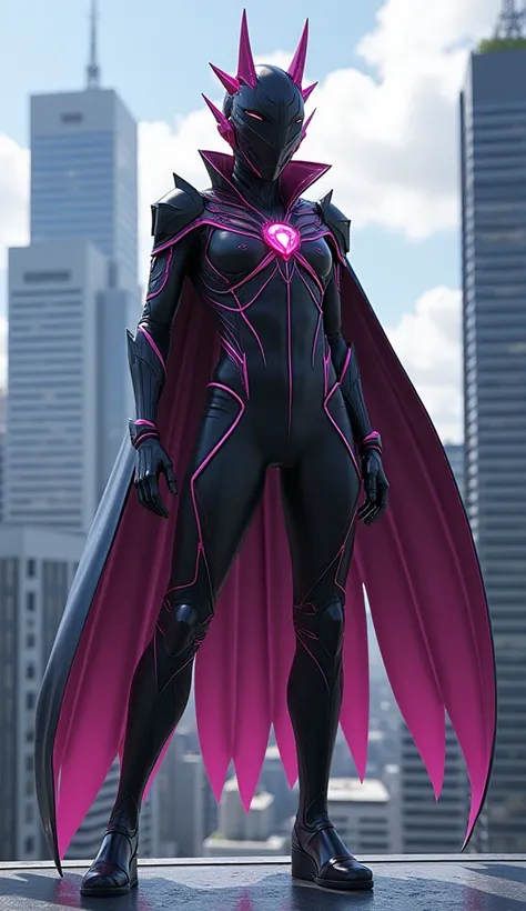  Fantastic　 real 　Rooftop office district in Japan　whole body　 is cool with a glowing pink stone on the chest　black hero costume with pink lines　 helmet with cute dragon horns　black and pink wings 