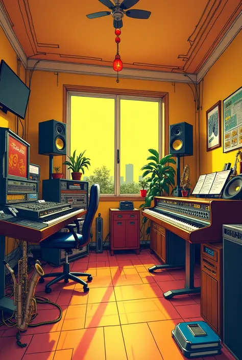 Jazz Studio
Colorful manga art style 
No people in the image
Cozy place 
Featured color is yellow