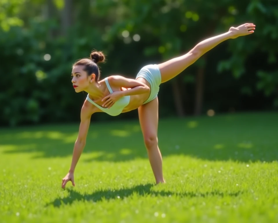 Skinny femboy doing gymnastics on the lawn, short soft top,  short shorts, balls on the chest