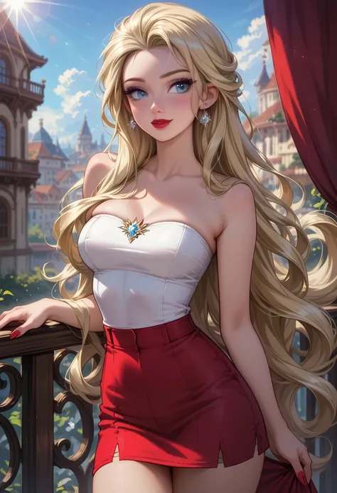 score_9, score_8_up, score_7_up, 1girl, solo, beautiful waifu, sexy (Elsa, blonde, long flowing hair, red lipstick:1.3), wearing (tight white top, sleeveless, strapless, tuckked in:1.2), (short jean skirt:1.1), bare shoulders, bare arms, naturally curved, ...