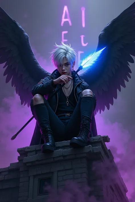 Draw me a picture of a 25 year old Korean boy, who is handsome. white hair wearing black clothes, black jeans ripped at the knees, black leather boots, and wearing a metal necklace with a long squat hair style pointing an arrow that glows with a burning bl...