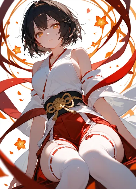 (score_9,score_8_up ,score_7_up ), 1girl ，beautiful_face,Black shoulder length short hair，Golden eyes，miko attire，White stockings， big boobs