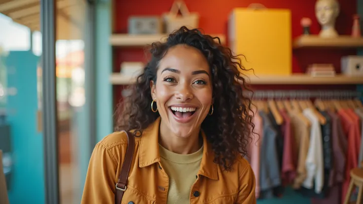 beautiful woman,  smiling ,  Looking at the camera , Surprise and happy shopping online, on a colorful background , inside a store