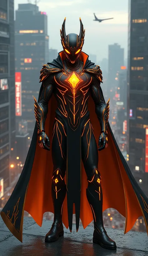  Fantastic　 real 　Rooftop office district in Japan　whole body　 cool with a glowing orange stone on the chest　 black hero costume with orange line　glowing snake scale helmet　black and orange cloak