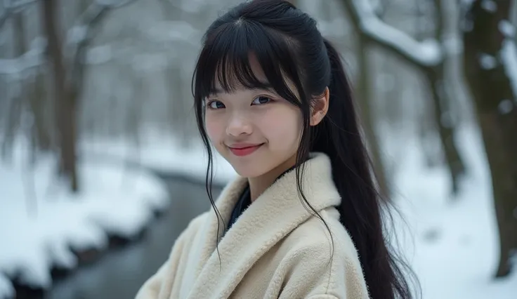  High quality. A real Japanese girl with 18 years old with beyond floor length black hair and see her "whole" body wearing thick lambswool traditional Wafuku standing nearby hot springs inside the forest, must see her whole body. The scenario of forest sho...