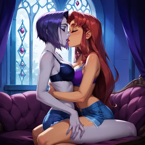 score_9, score_8_up, score_7_up, rating_questionable, epiCPhoto, 2girls, duo, couple, yuri, very sexy (Raven, short hair:1.5), and (Starfire, long hair:1.4), wearing (bra and tiny shorts only:1.3), (focus on lips, kiss, deep kiss, passionate kiss:1.3), (si...