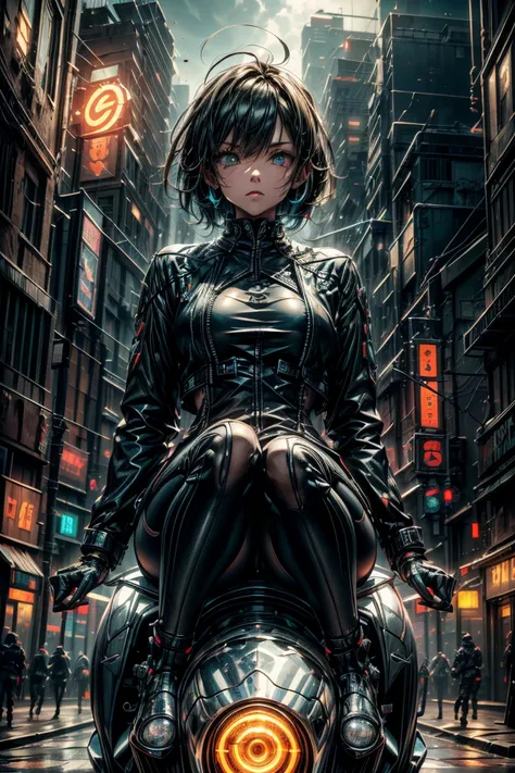 (masterpiece, best quality),Anita Battle Angel, ((female character sitting on an advanced cybernetics motorcycle)), cyberpunk style, leather jacket, Baggypants, short hair with vibrant highlights, confident expression, detailed futuristic motorcycle, neon ...