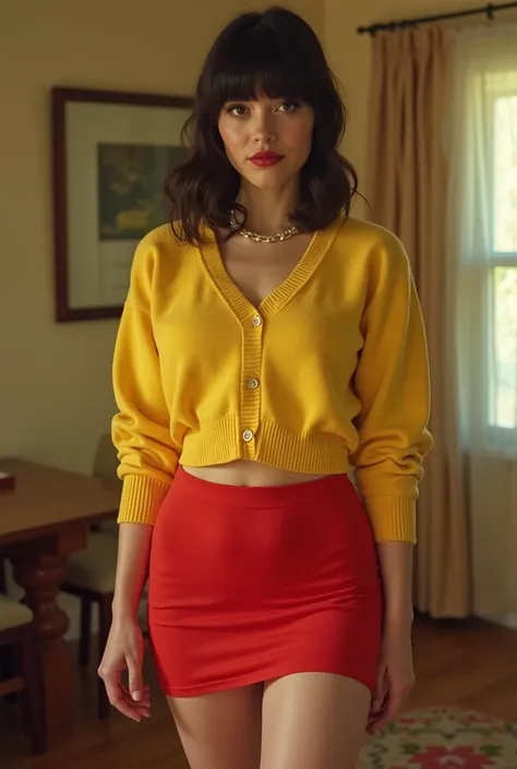 Velma dinkley, realistic, yellow sweater and red skirt, sexy, upskirt, red panties, ass groped