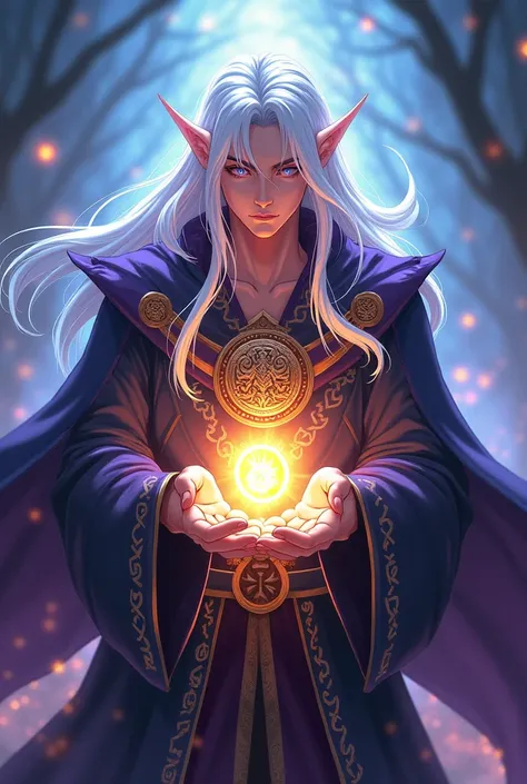 An anime-style image of a half-elven wizard with white hair holding his medallion 