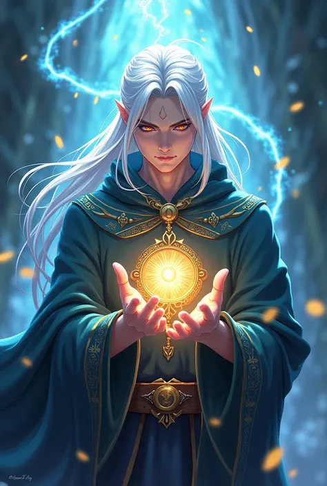 An anime-style image of a half-elven wizard with white hair holding his medallion 