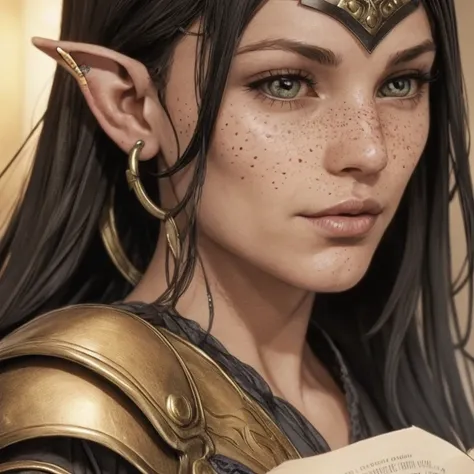 beautiful woman,  elf ear,katyasitak , skin cover, armors, (close up,  photographic portrait), female elf,( alone), Reading head  , freckles,  realistic,  depth of field  