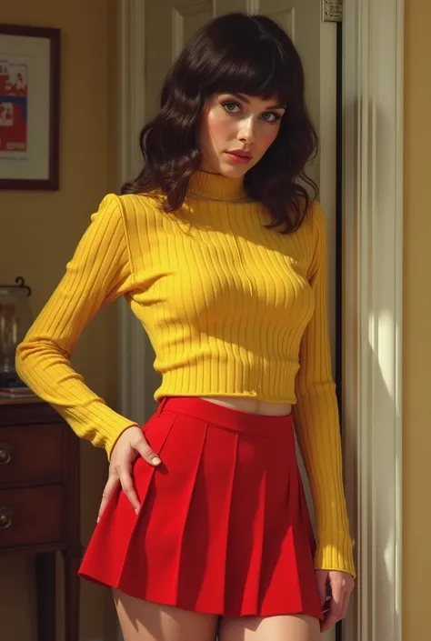 Velma dinkley, realistic, yellow sweater and red skirt, sexy, upskirt, red panties, hand is gropping her ass