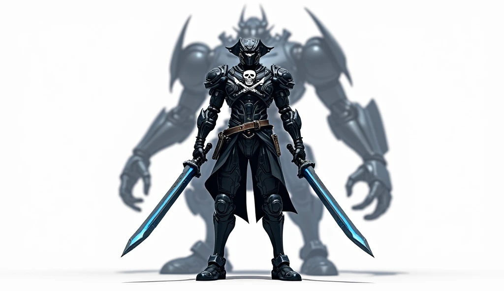 (masterpiece), (best quality), (super-detailed), (UHD), futuristic, space pirate, (mecha pirate:1.2) warrior, with (dual laser cutlasses:1.5), complex highly detailed armor, black, silver, and blue armor, jolly roger emblem, (evil robot blackbeard:1.2), (s...